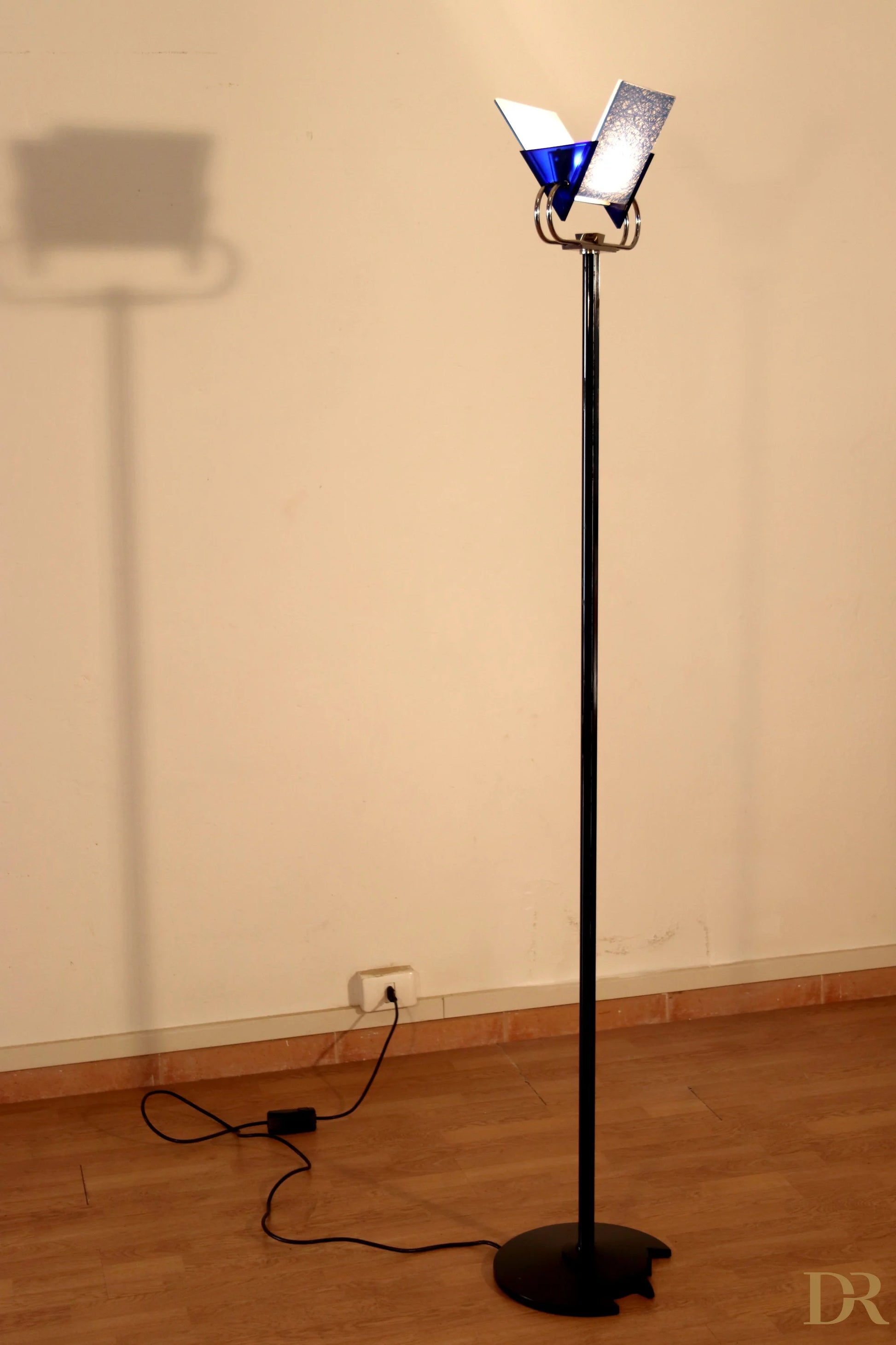 Vintage Triara floor lamp by Arteluce with two blue angular lampshades, modern design by award-winning duo Perry