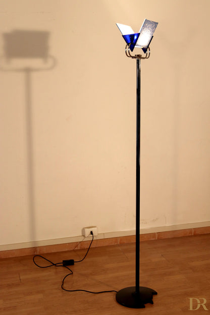 Vintage Triara floor lamp by Arteluce with two blue angular lampshades, modern design by award-winning duo Perry