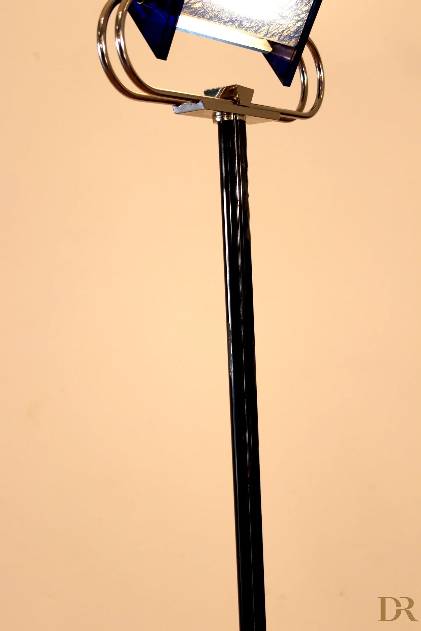 Vintage Arteluce Triana floor lamp, black, with chrome frame and glass shade, Italian postmodernism
