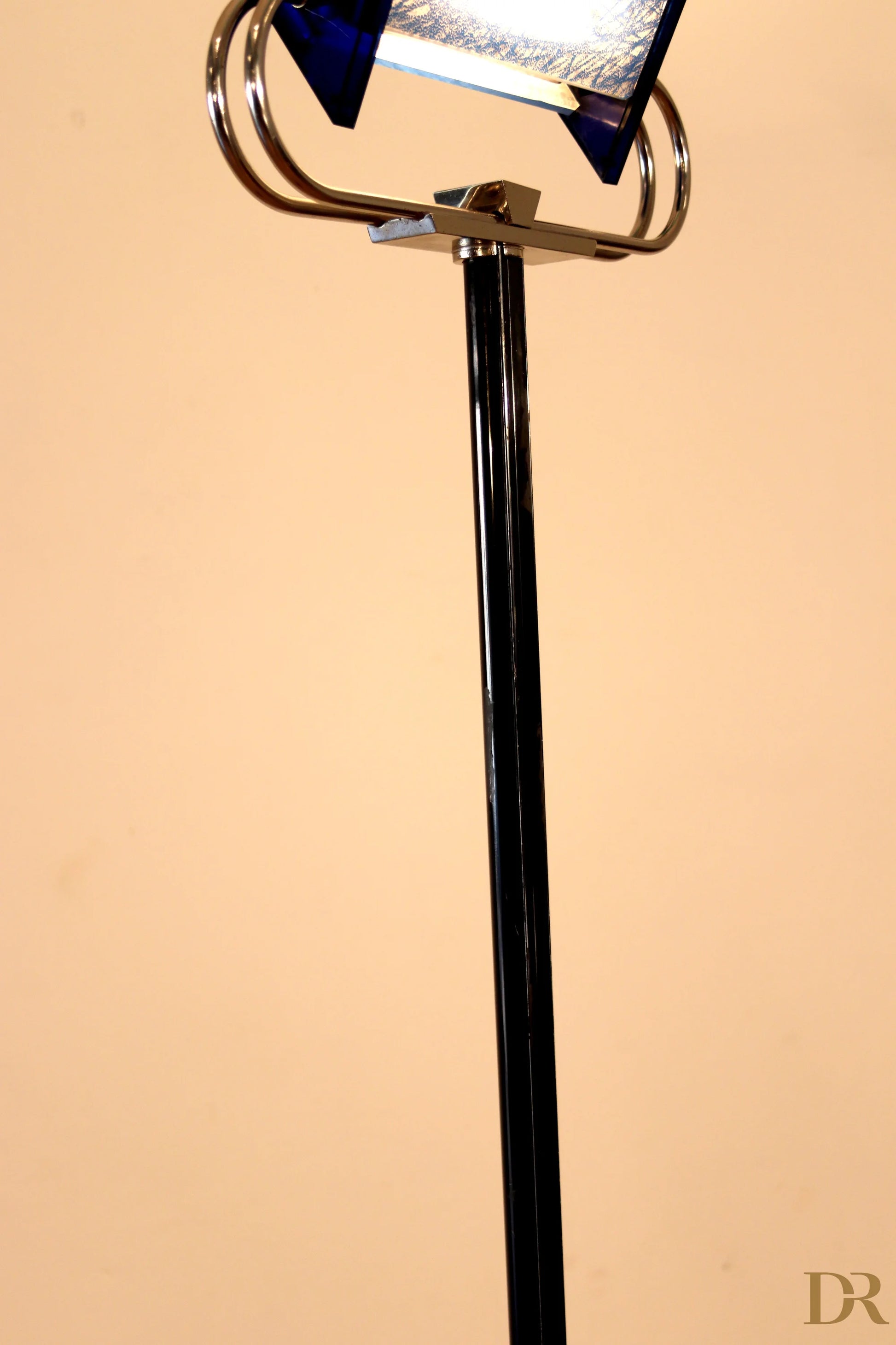 Vintage Arteluce Triana floor lamp, black, with chrome frame and glass shade, Italian postmodernism