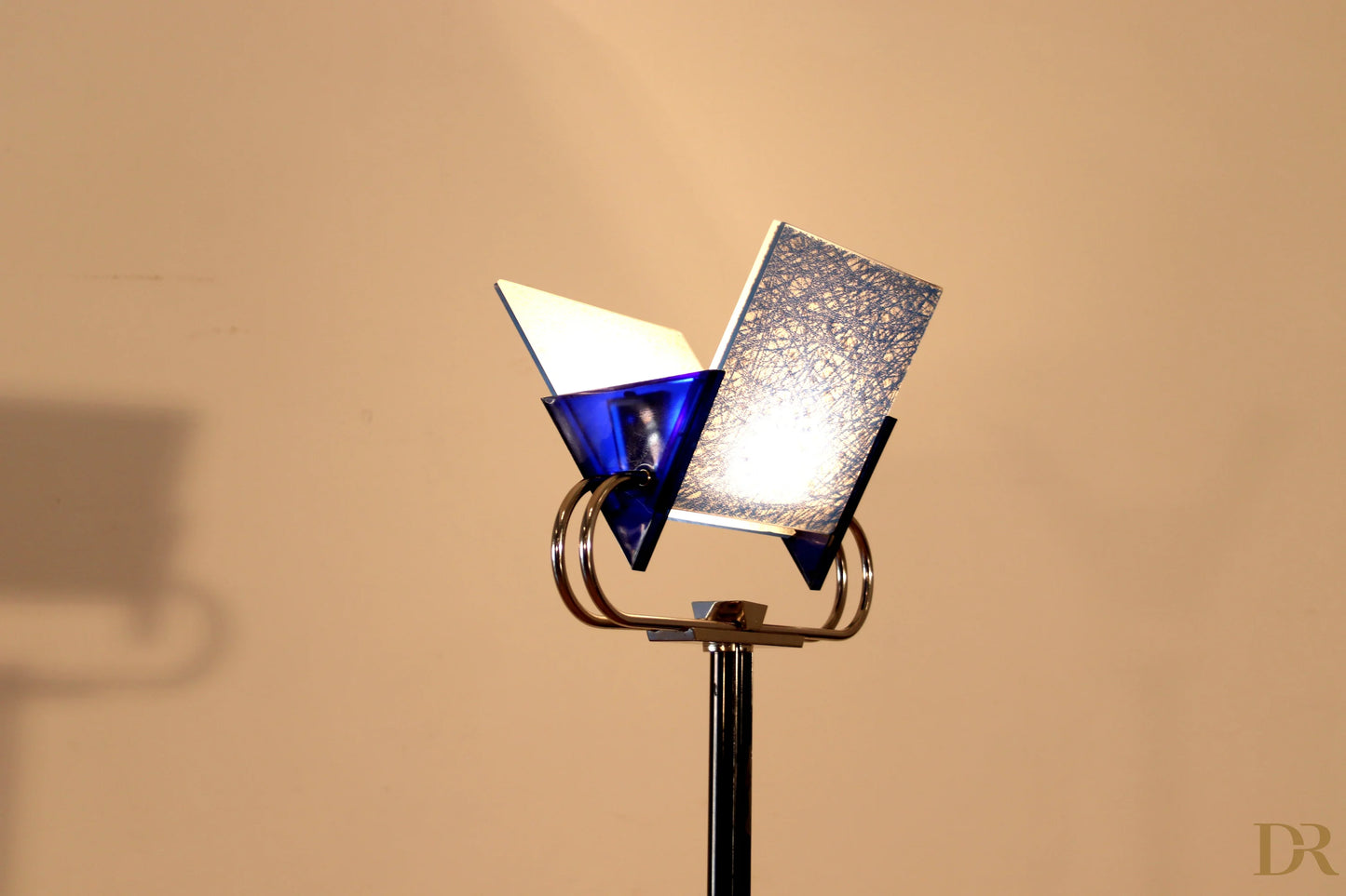 Vintage Arteluce Triana floor lamp with brass metal structure and blue and silver glass signed by the award-winning duo Perry