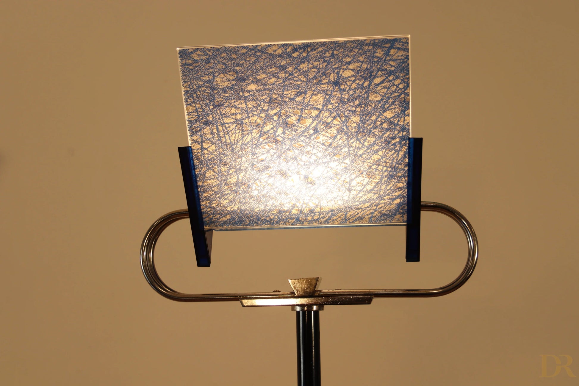 Vintage Triana floor lamp by Arteluce with blue and gold glass shade and brass base by the award-winning duo Perry