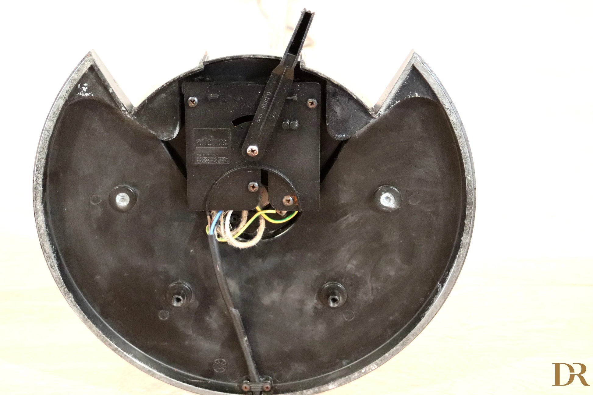 Black cat shaped wall clock with silver metal edge and visible mechanism vintage floor lamp arteluce triana postmodernism italian award winning duo perry