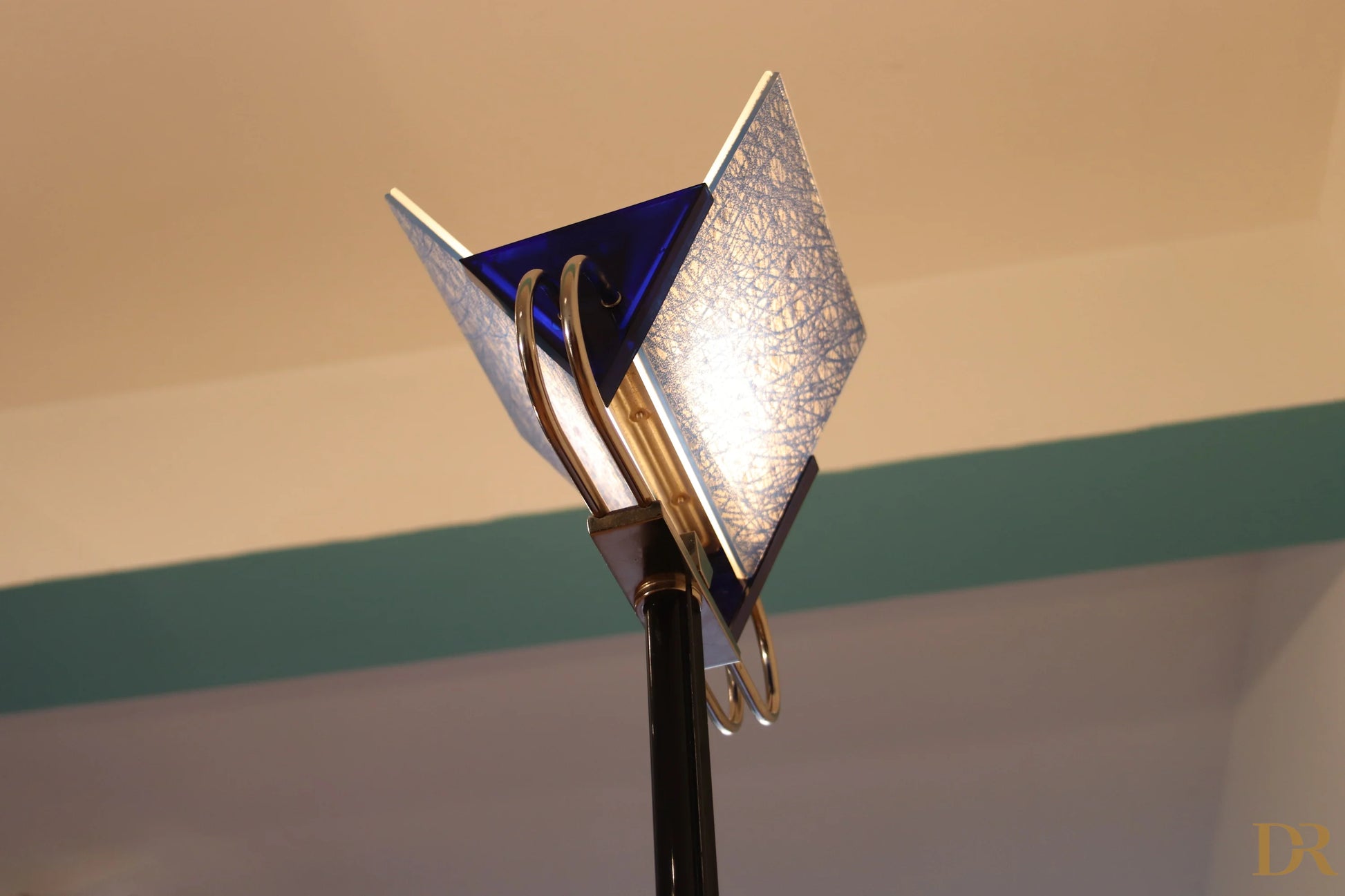 Vintage Triana floor lamp by Arteluce with blue and silver glass shade and gold metal rings by the award-winning duo Perry