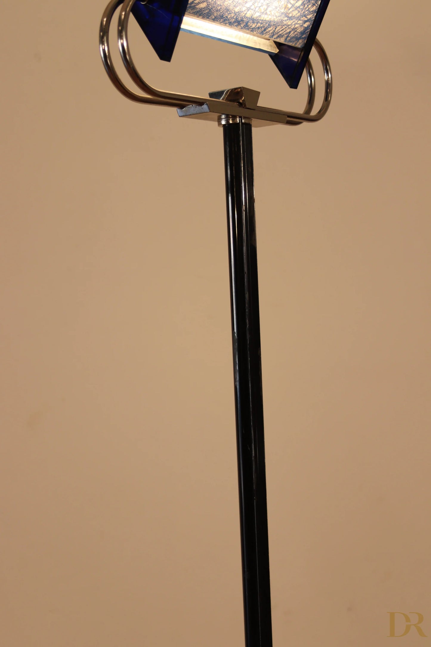 Arteluce Triana vintage floor lamp in black with curved chrome arm and blue glass shade