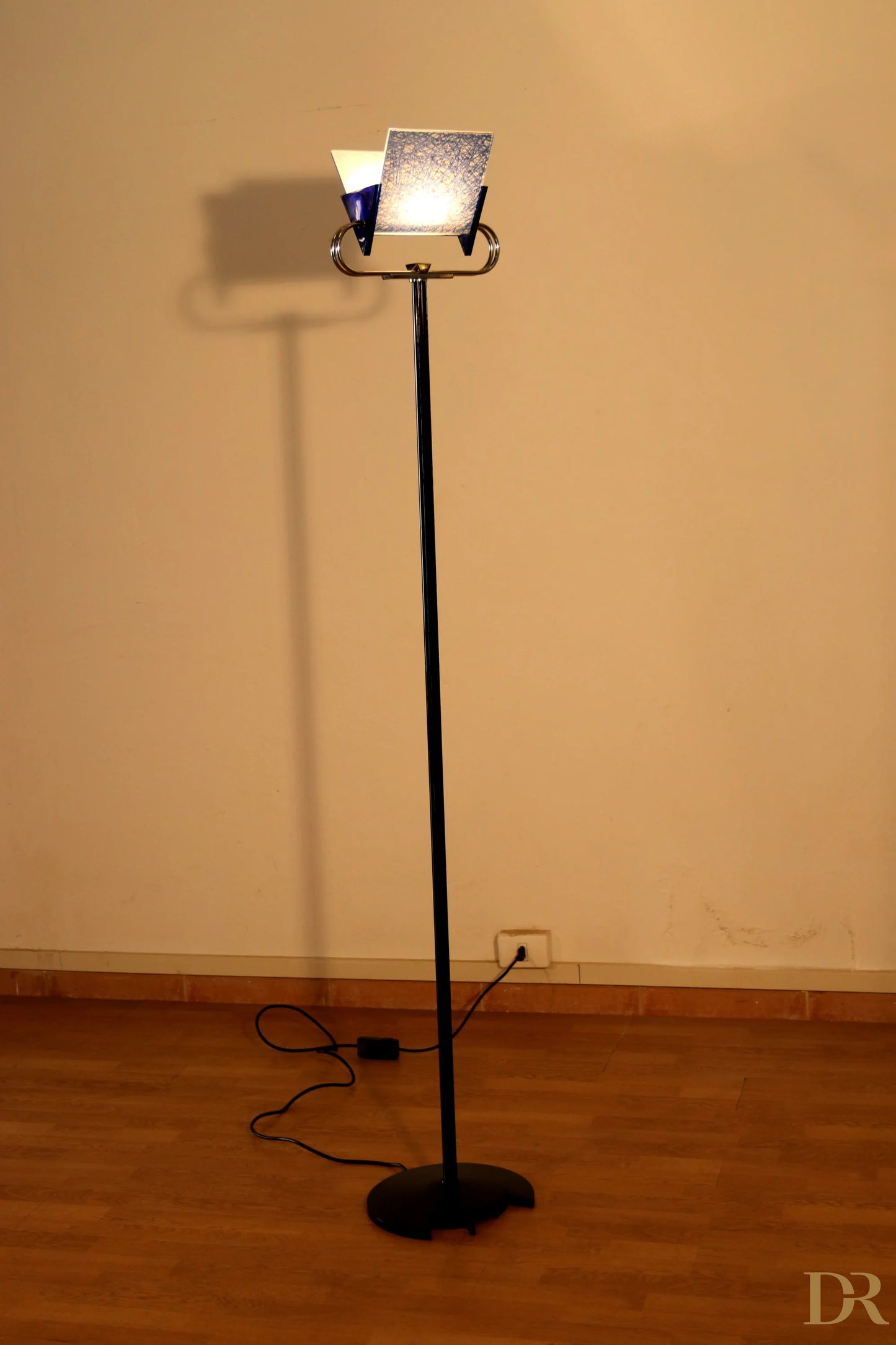 Vintage Arteluce Triana floor lamp in black with rectangular glass shade, warm light, Italian postmodern design
