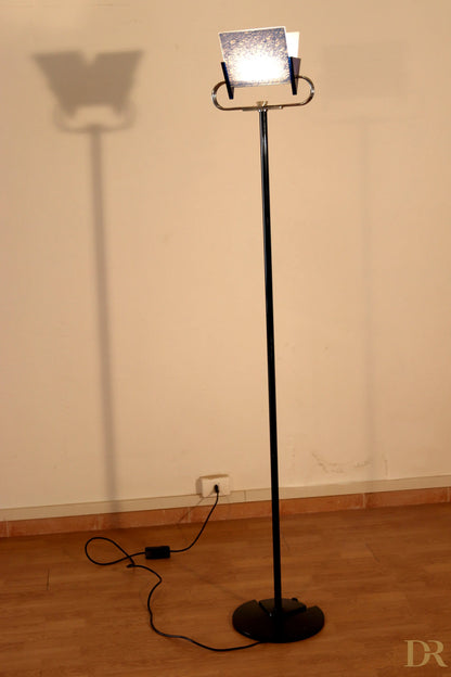 Vintage Arteluce Triana black floor lamp with rectangular silver glass shade and round ring by award-winning duo Perry in Italian postmodernism