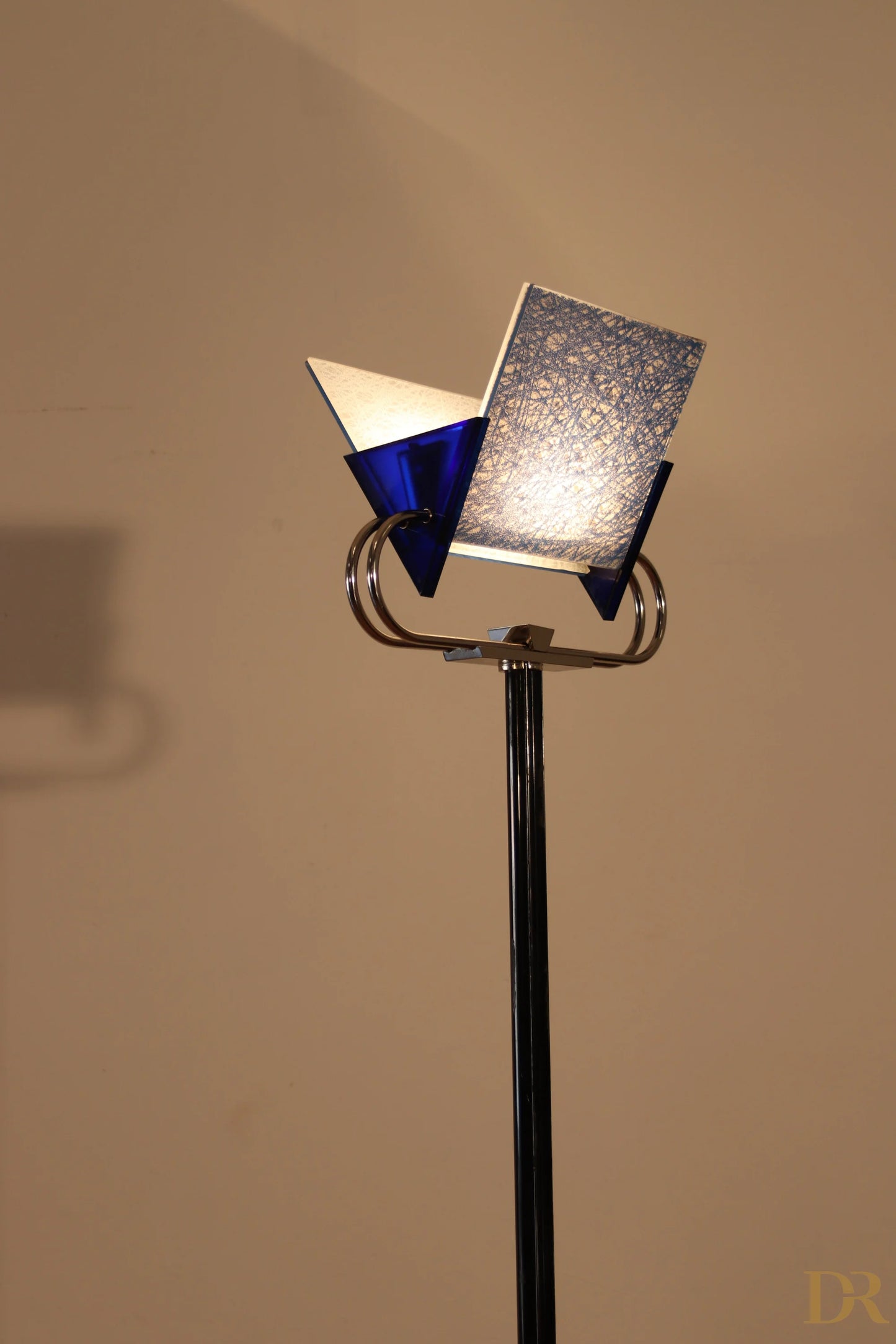 Vintage Triana floor lamp by Arteluce 1985 with blue and silver geometric shade by the award-winning duo Perry