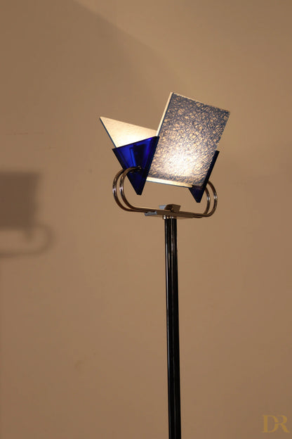 Vintage Triana floor lamp by Arteluce 1985 with blue and silver geometric shade by the award-winning duo Perry