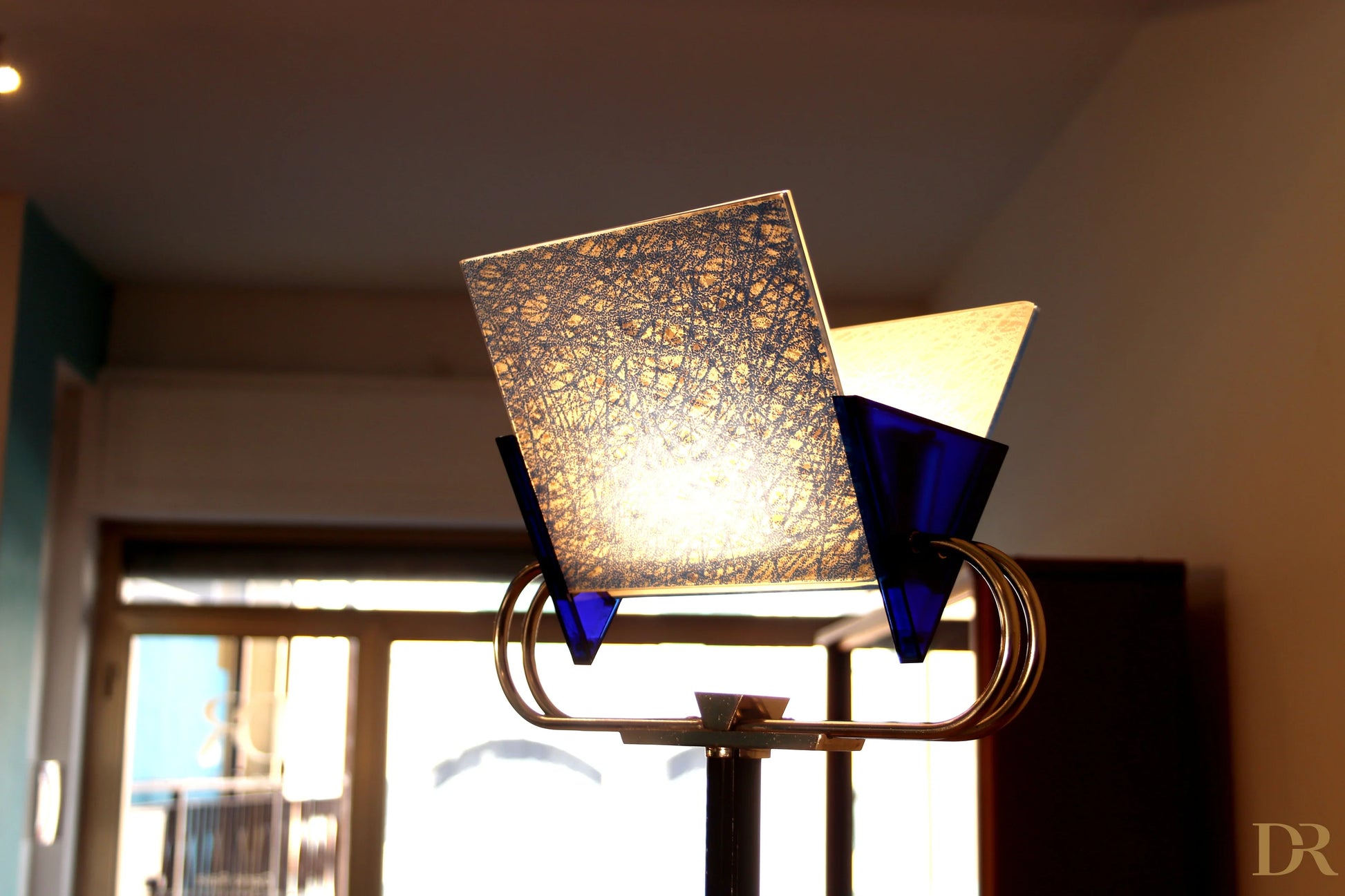 Vintage Triata floor lamp by Arteluce 1985 with square glass shade and blue accents by award-winning duo Perry