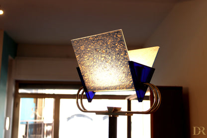 Vintage Triata floor lamp by Arteluce 1985 with square glass shade and blue accents by award-winning duo Perry