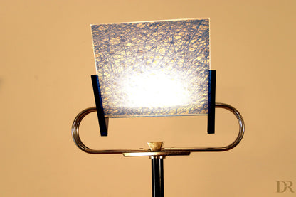 Vintage Arteluce Triana floor lamp with blue and gold glass shade and metal and brass base, Italian postmodernism