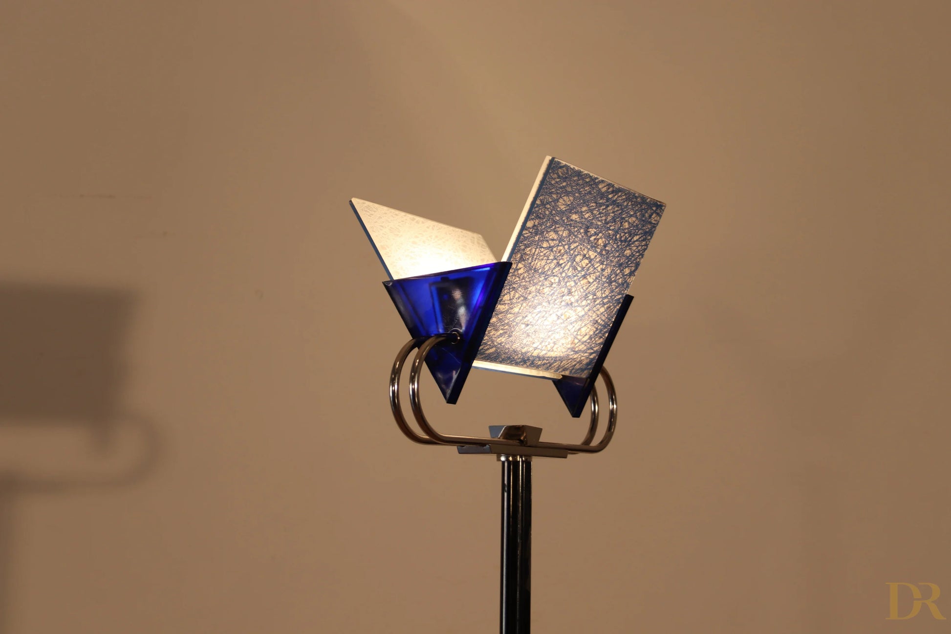 Vintage Arteluce Triana floor lamp in blue with metal frame and angled panels by award-winning duo Perry