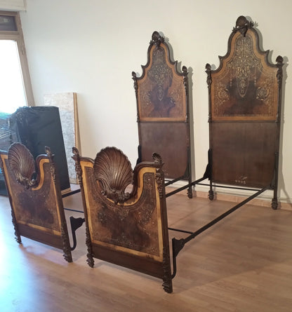 19th century Italian wrought iron bed decorated with mother-of-pearl and faux wood finishes for an elegant home