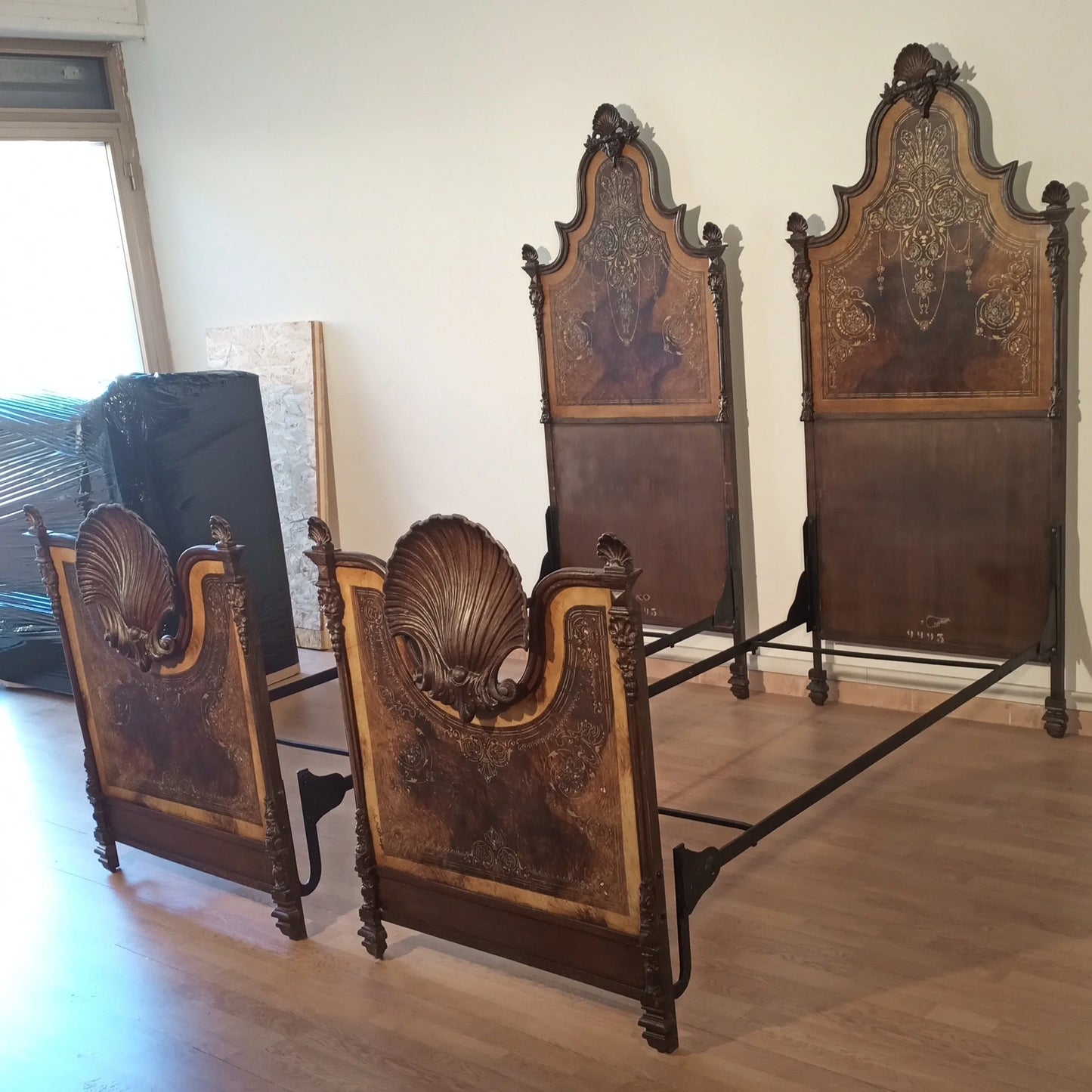 19th century Italian wrought iron bed decorated with mother-of-pearl and faux wood for elegant home decor