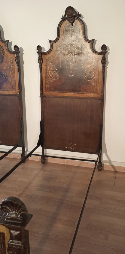 19th century Italian wrought iron bed with faux wood and mother-of-pearl headboard for elegant home decor