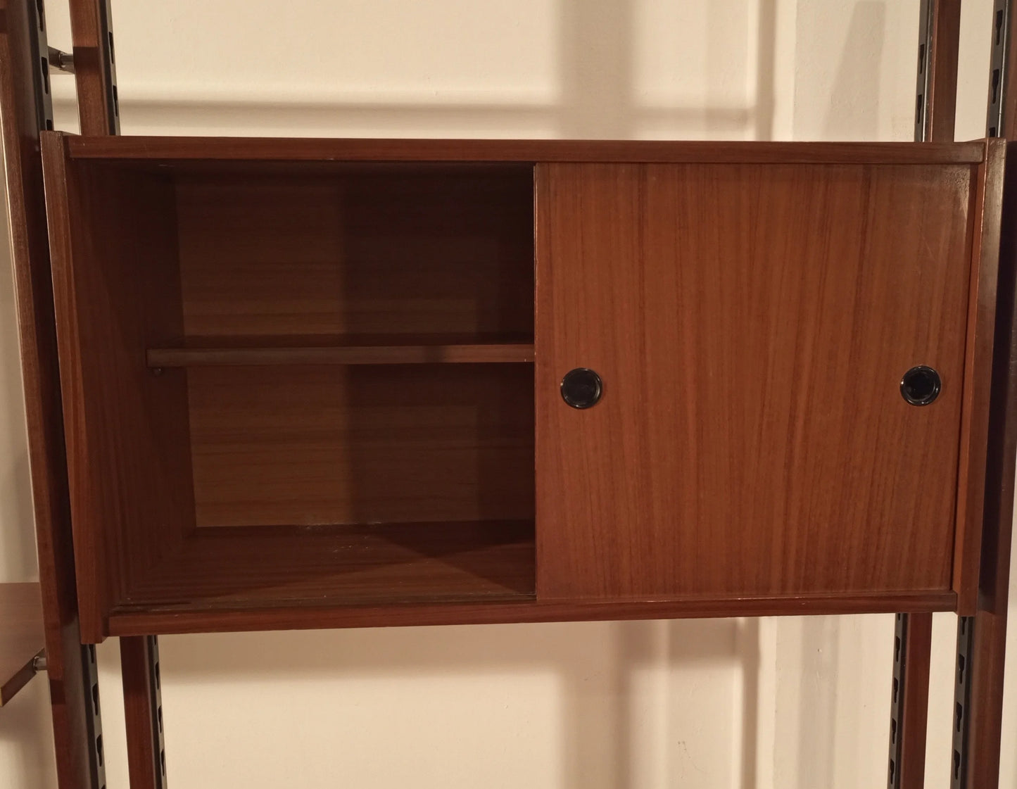 Original vintage modular teak bookcase with sliding doors and open shelves, 1960s Italian style
