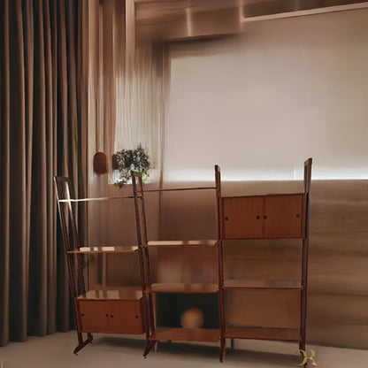 Original 1960s Italian design modular teak bookcase with natural wood structure