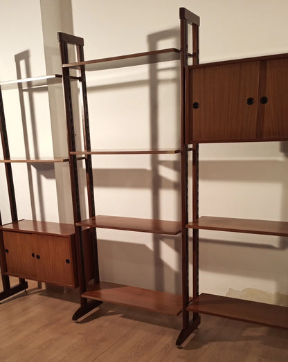 Original vintage modular teak bookcase with adjustable shelves and doors, Italy, 1960s, mid-century modern design