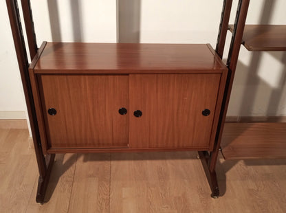Original vintage modular teak bookcase with sliding doors and vertical supports, 1960s Italian style