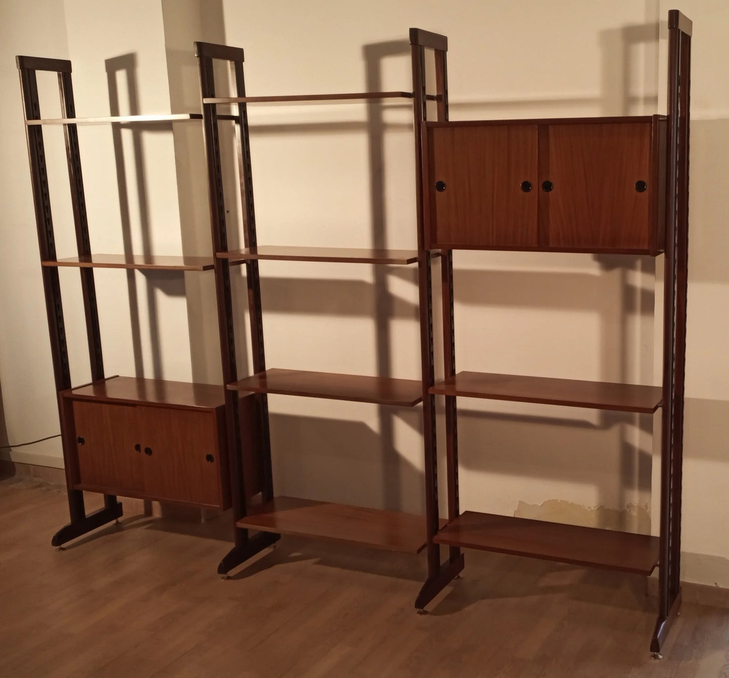Original vintage modular teak bookcase with shelves and wooden doors, 1960s Italian mid-century