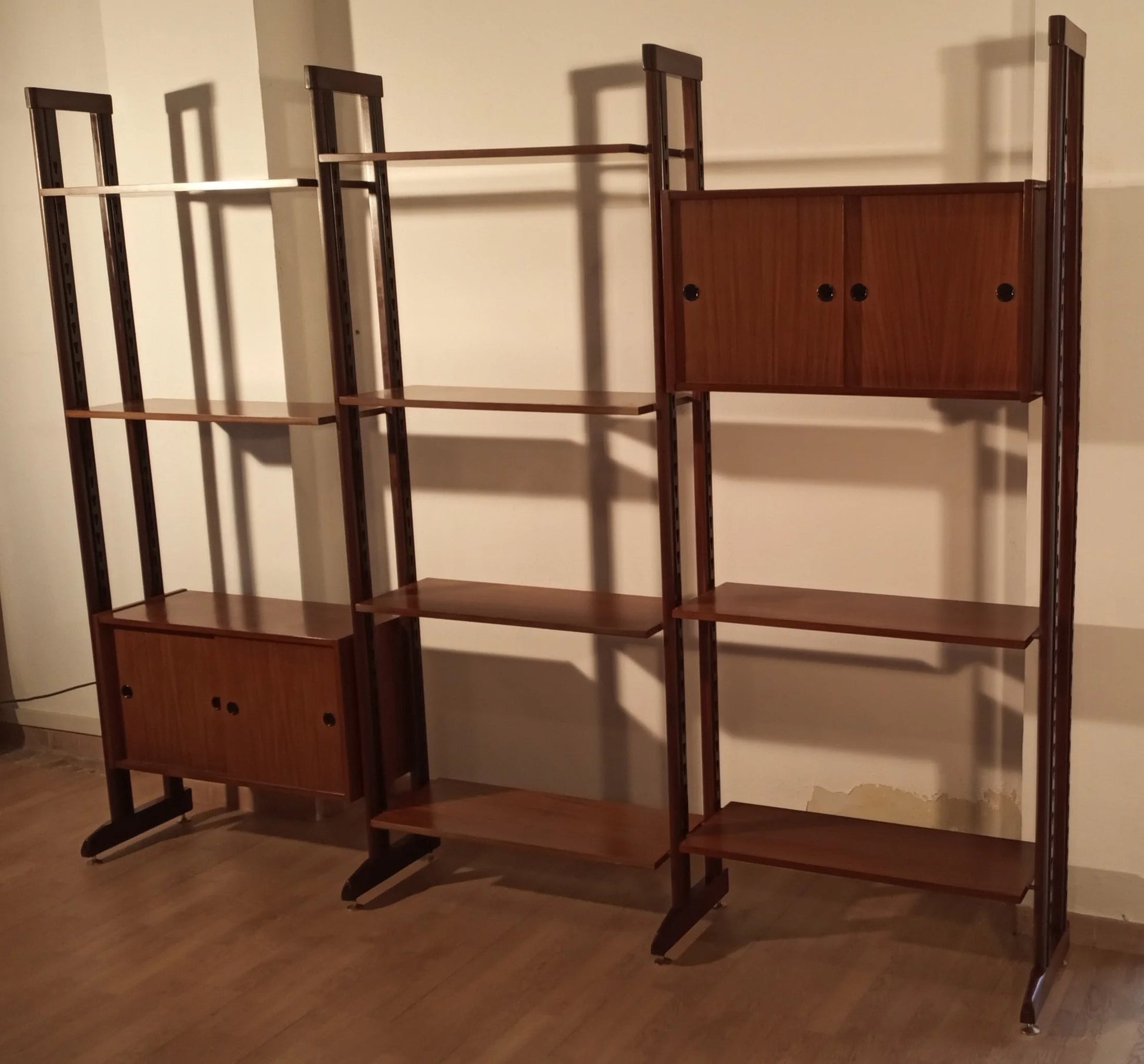 Original vintage modular teak bookcase with shelves and wooden doors, 1960s Italian mid-century