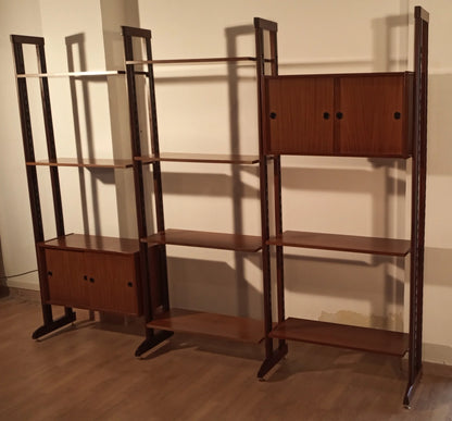 Original vintage modular teak bookcase with shelves and wooden doors, 1960s Italian mid-century