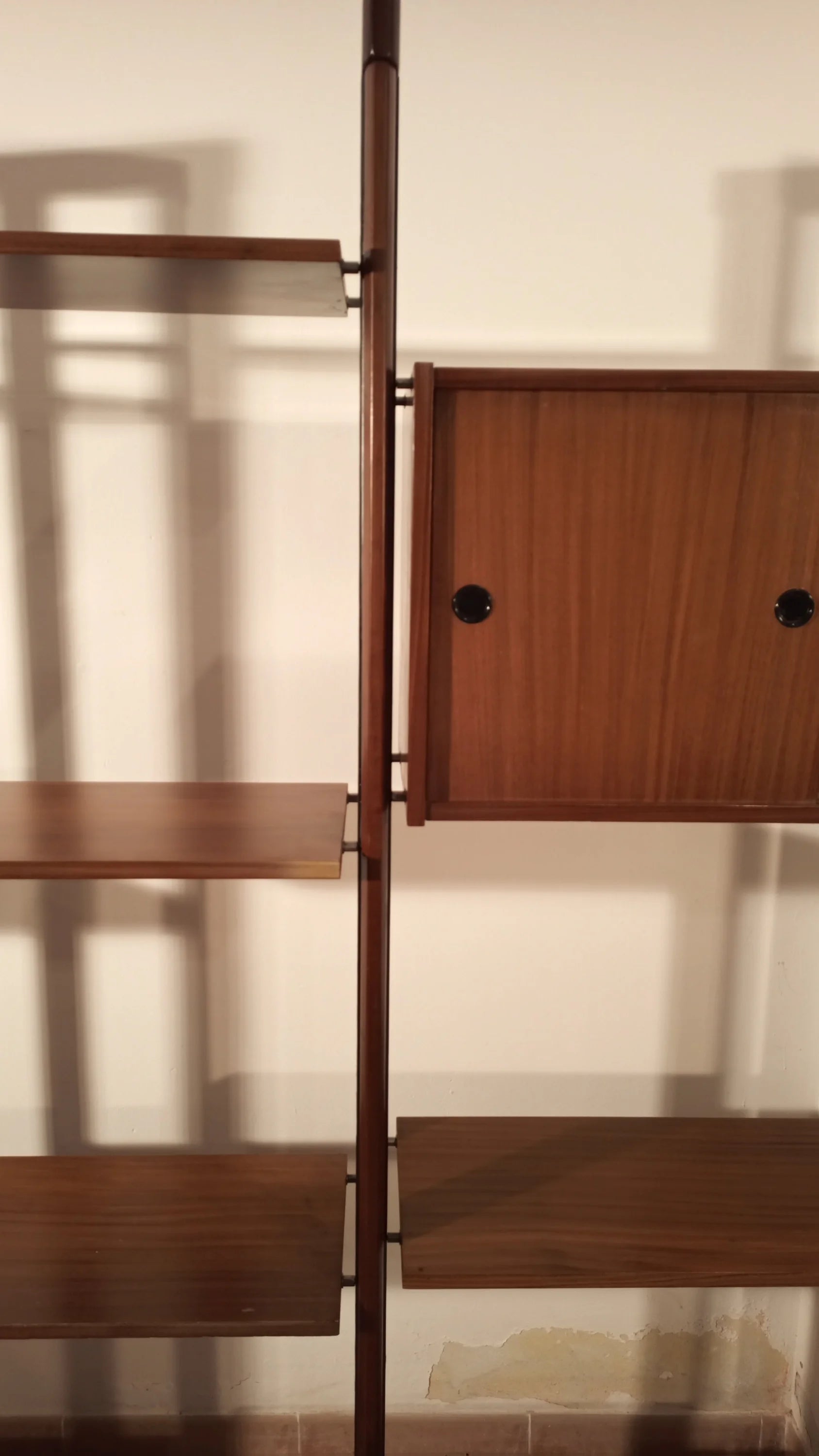 Original vintage modular teak bookcase with sliding wooden panels, 1960s Italian design