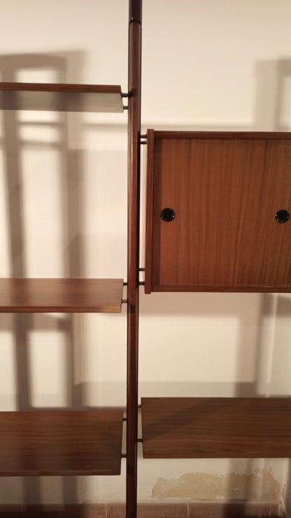 Original vintage modular teak bookcase with sliding wooden panels, 1960s Italian design