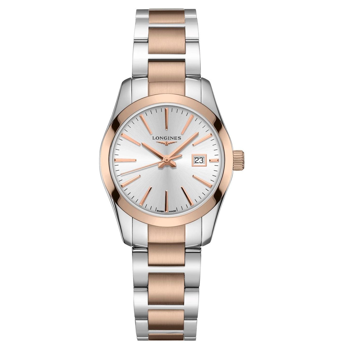 Longines Conquest Classic 29.5mm silver quartz steel rose gold PVD watch L2.286.3.72.7