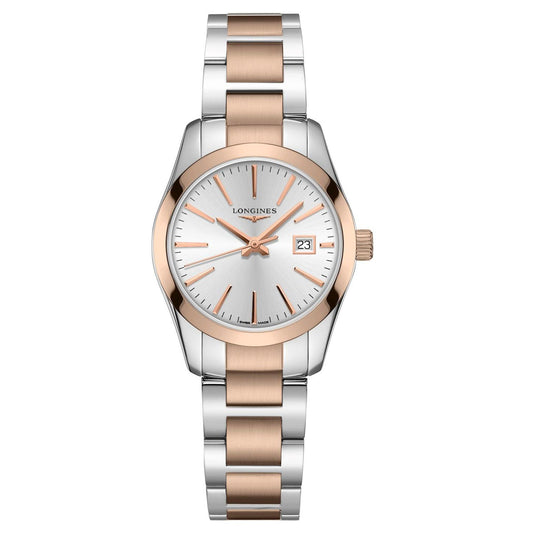Longines Conquest Classic 29.5mm silver quartz steel rose gold PVD watch L2.286.3.72.7