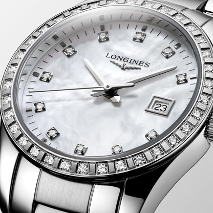 Longines Conquest Classic 29.5mm Mother-of-Pearl Diamond Quartz Steel Watch L2.286.0.87.6
