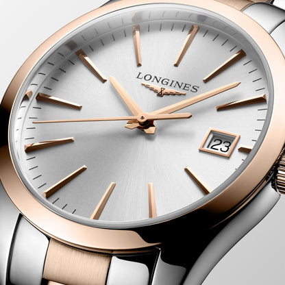 Longines Conquest Classic 34mm Silver Quartz Steel PVD Rose Gold Watch L2.386.3.72.7