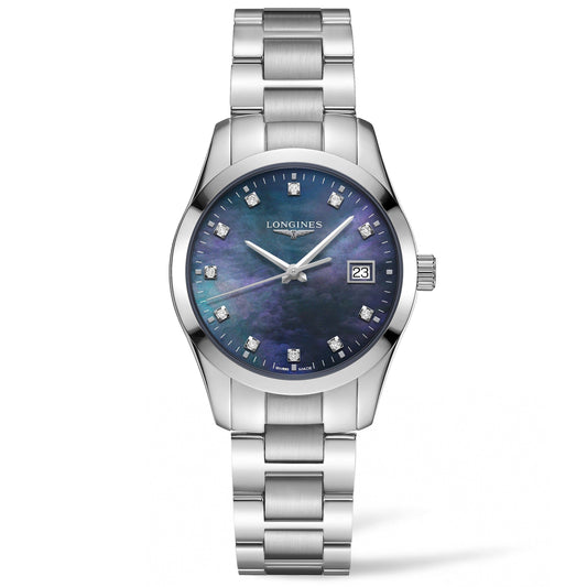 Longines Conquest Classic 34mm black mother-of-pearl steel quartz watch L2.386.4.88.6