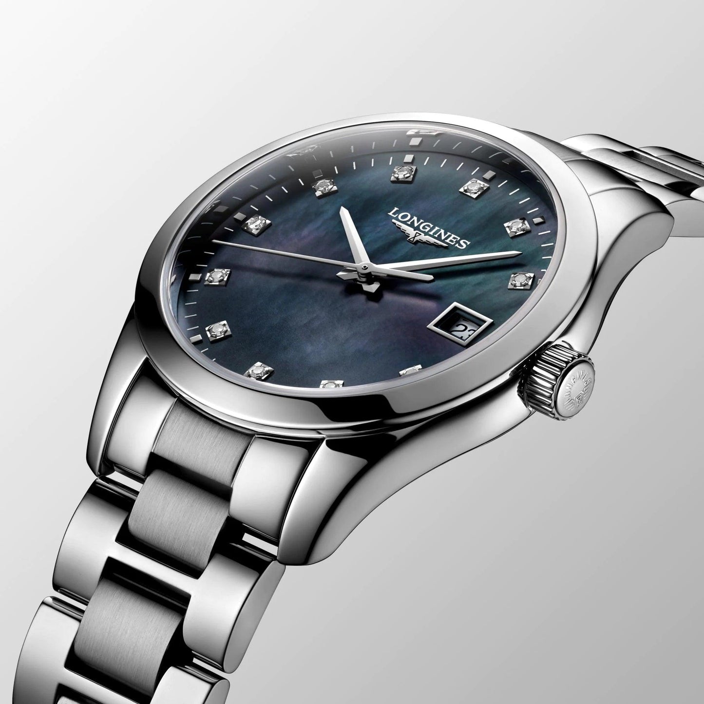 Longines Conquest Classic 34mm black mother-of-pearl steel quartz watch L2.386.4.88.6