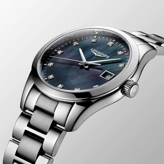 Longines Conquest Classic 34mm black mother-of-pearl steel quartz watch L2.386.4.88.6