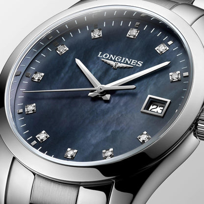 Longines Conquest Classic 34mm black mother-of-pearl steel quartz watch L2.386.4.88.6