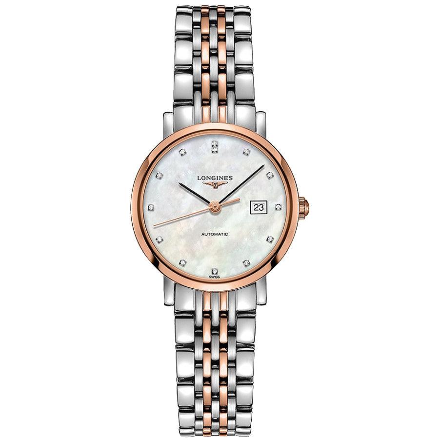 Longines Elegant Collection watch 29mm mother-of-pearl diamonds automatic steel rose gold finishes L4.310.5.87.7