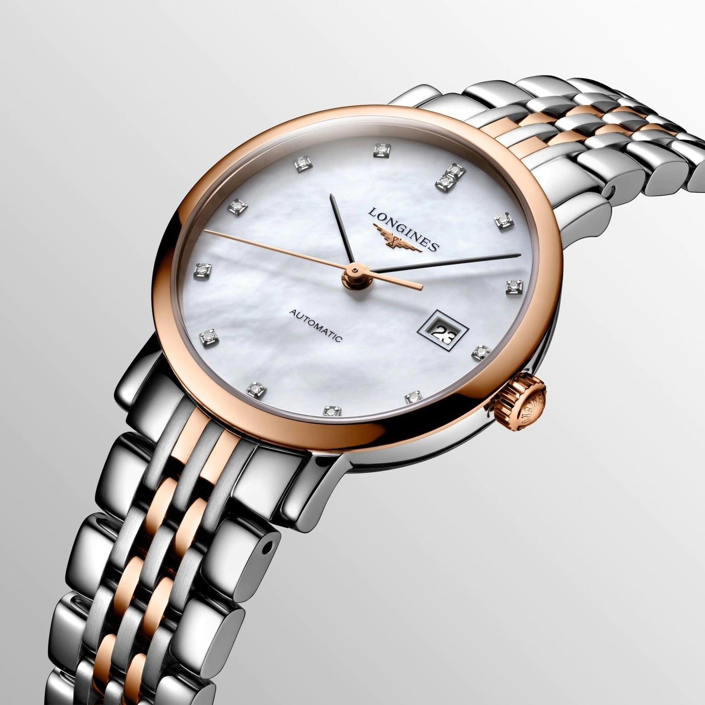 Longines Elegant Collection watch 29mm mother-of-pearl diamonds automatic steel rose gold finishes L4.310.5.87.7