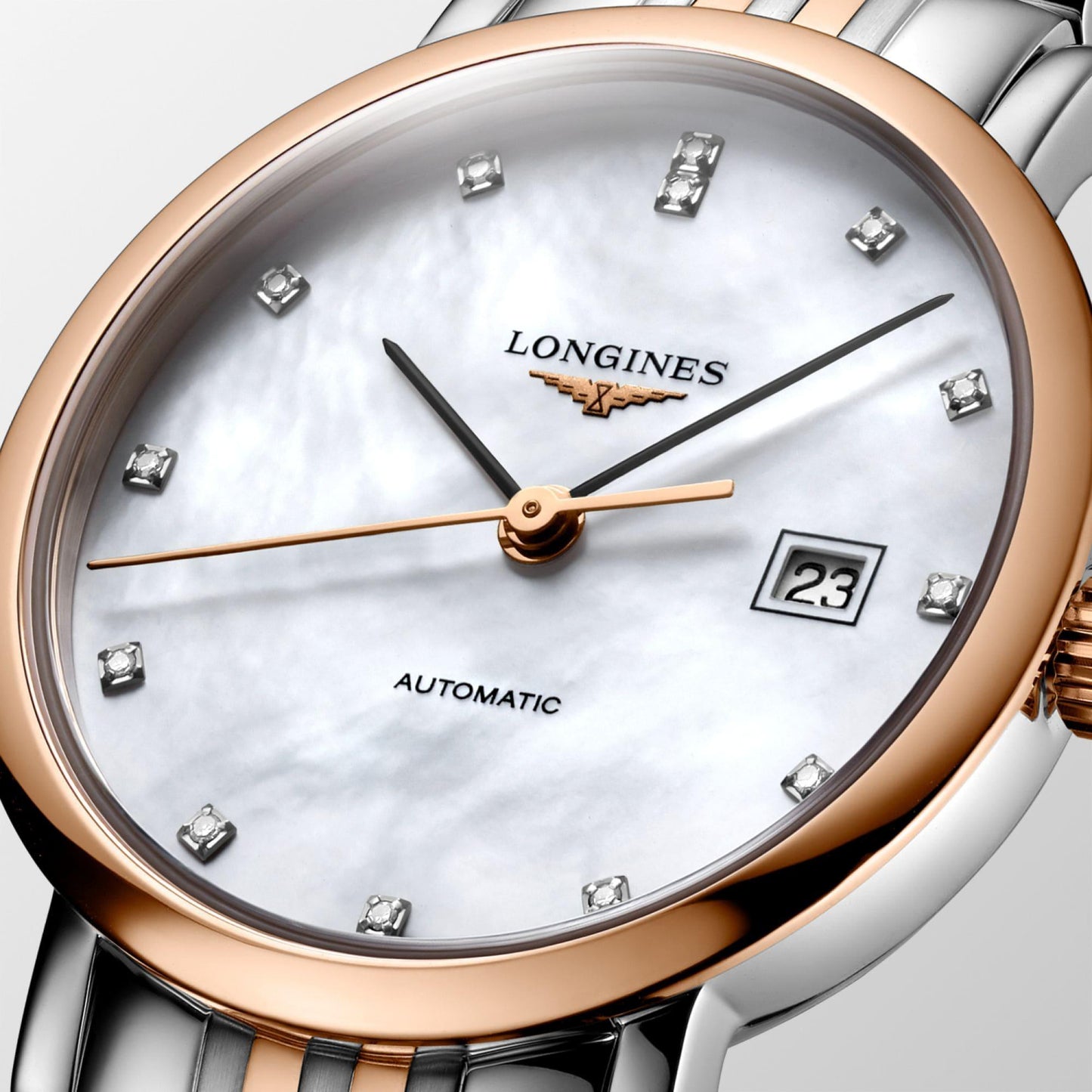 Longines Elegant Collection watch 29mm mother-of-pearl diamonds automatic steel rose gold finishes L4.310.5.87.7