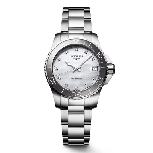 Longines watch Hydroconquest 32mm mother-of-pearl diamonds quartz steel