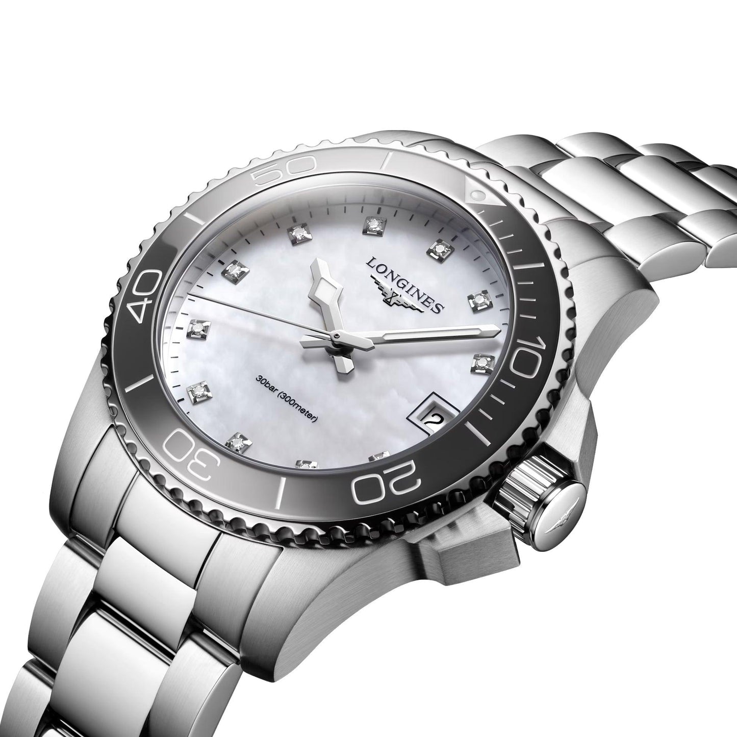 Longines watch Hydroconquest 32mm mother-of-pearl diamonds quartz steel