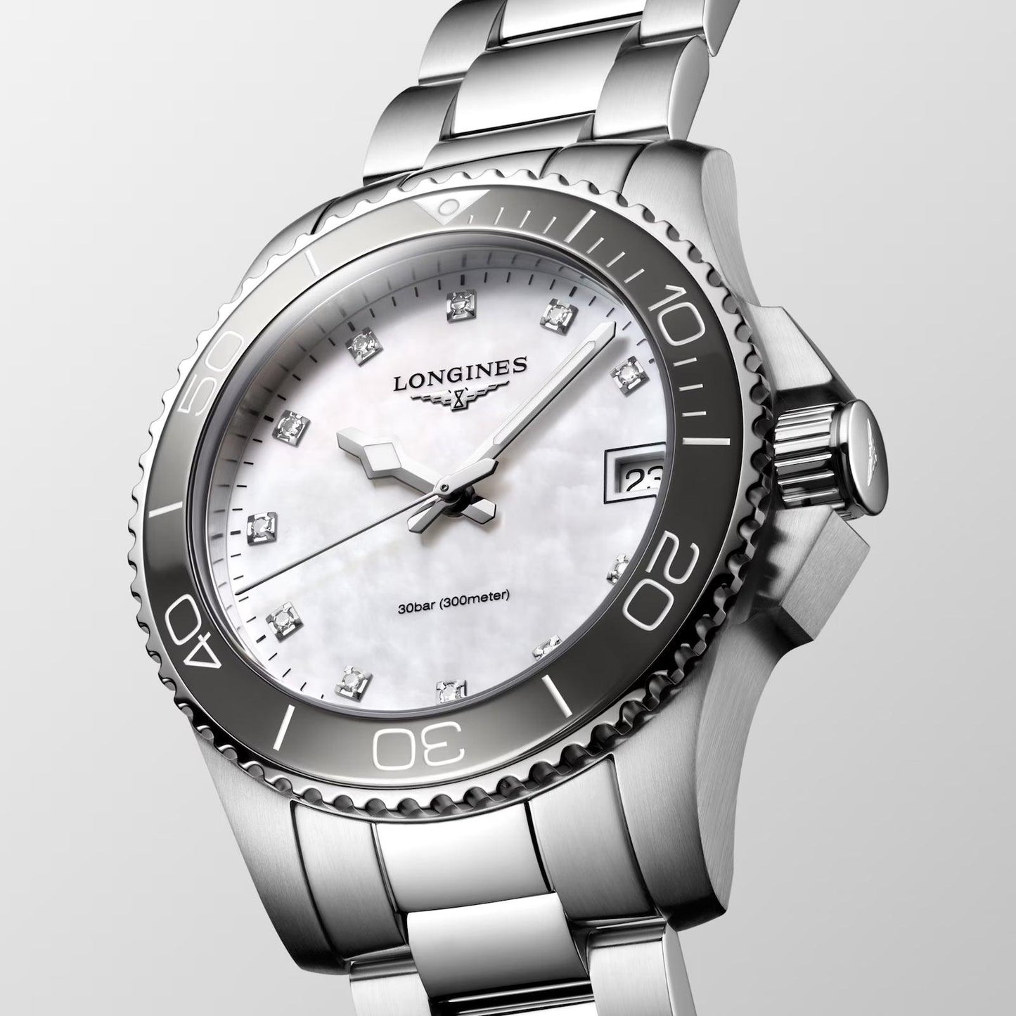 Longines watch Hydroconquest 32mm mother-of-pearl diamonds quartz steel