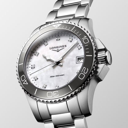 Longines watch Hydroconquest 32mm mother-of-pearl diamonds quartz steel