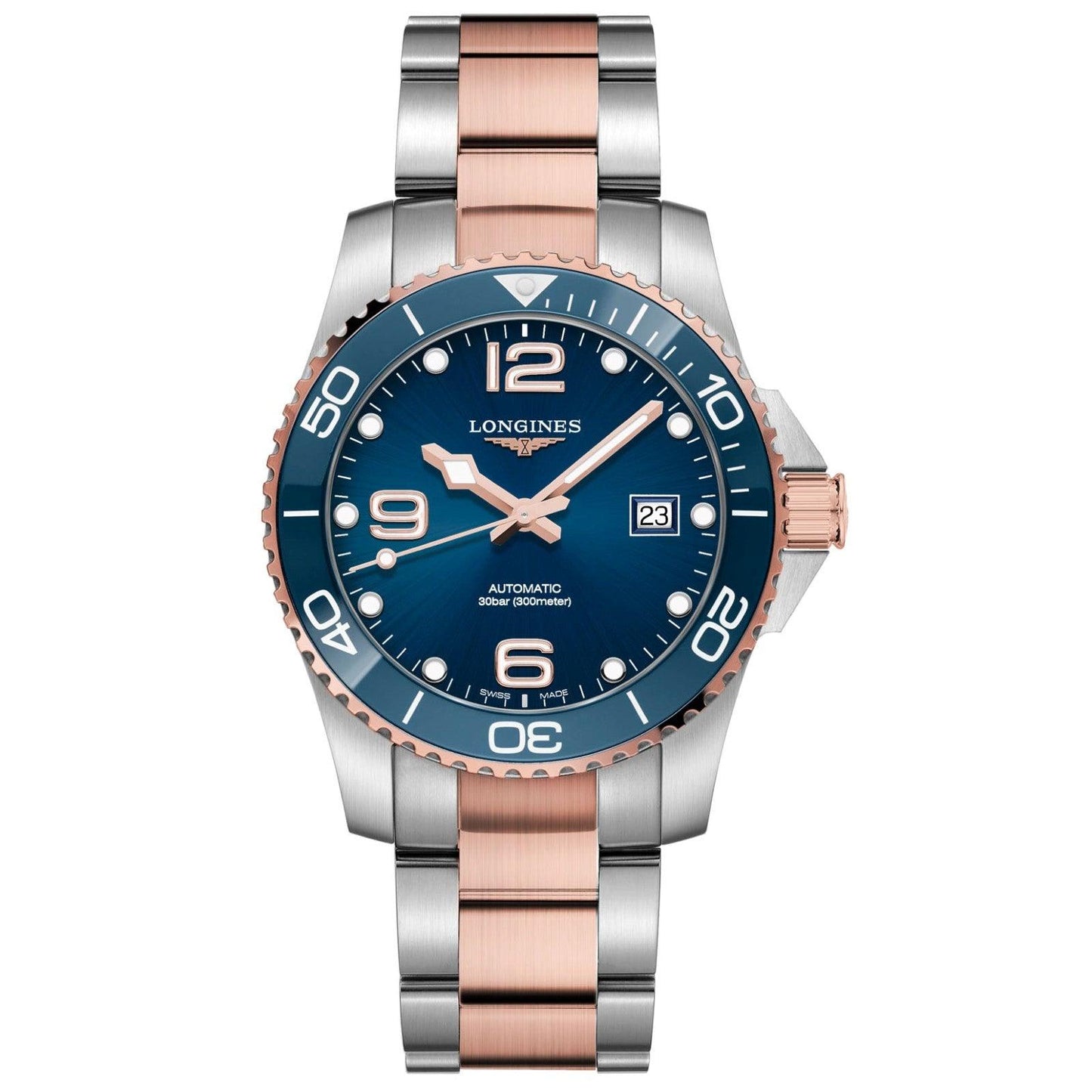 Longines HydroConquest 41mm Blue Automatic Steel Rose Gold PVD Finish Watch L3.781.3.98.7