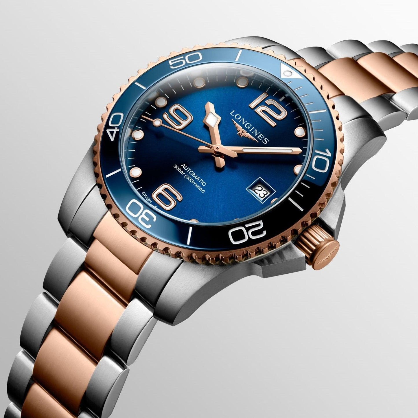 Longines HydroConquest 41mm Blue Automatic Steel Rose Gold PVD Finish Watch L3.781.3.98.7