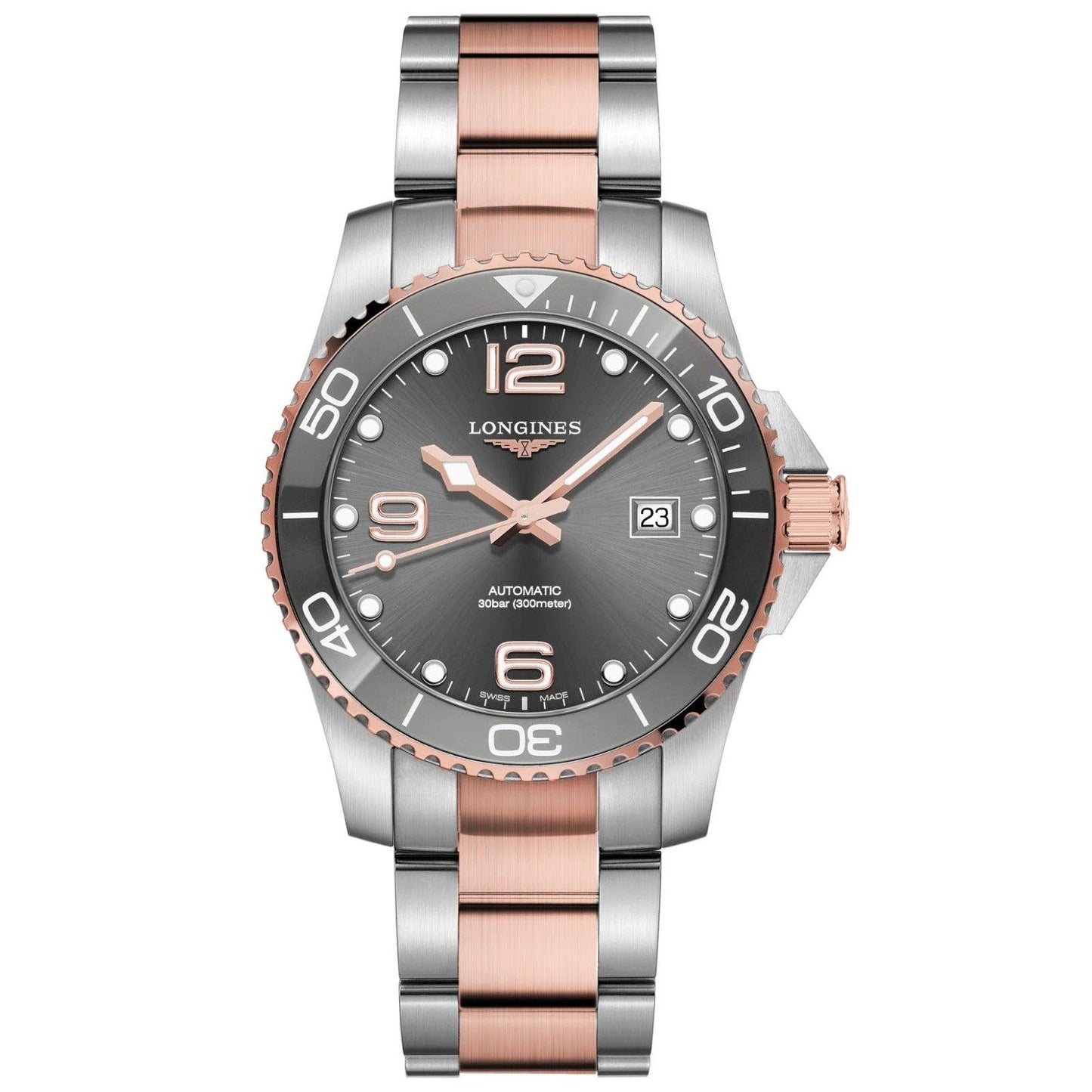 Longines HydroConquest 41mm grey automatic steel rose gold PVD finish watch L3.781.3.78.7