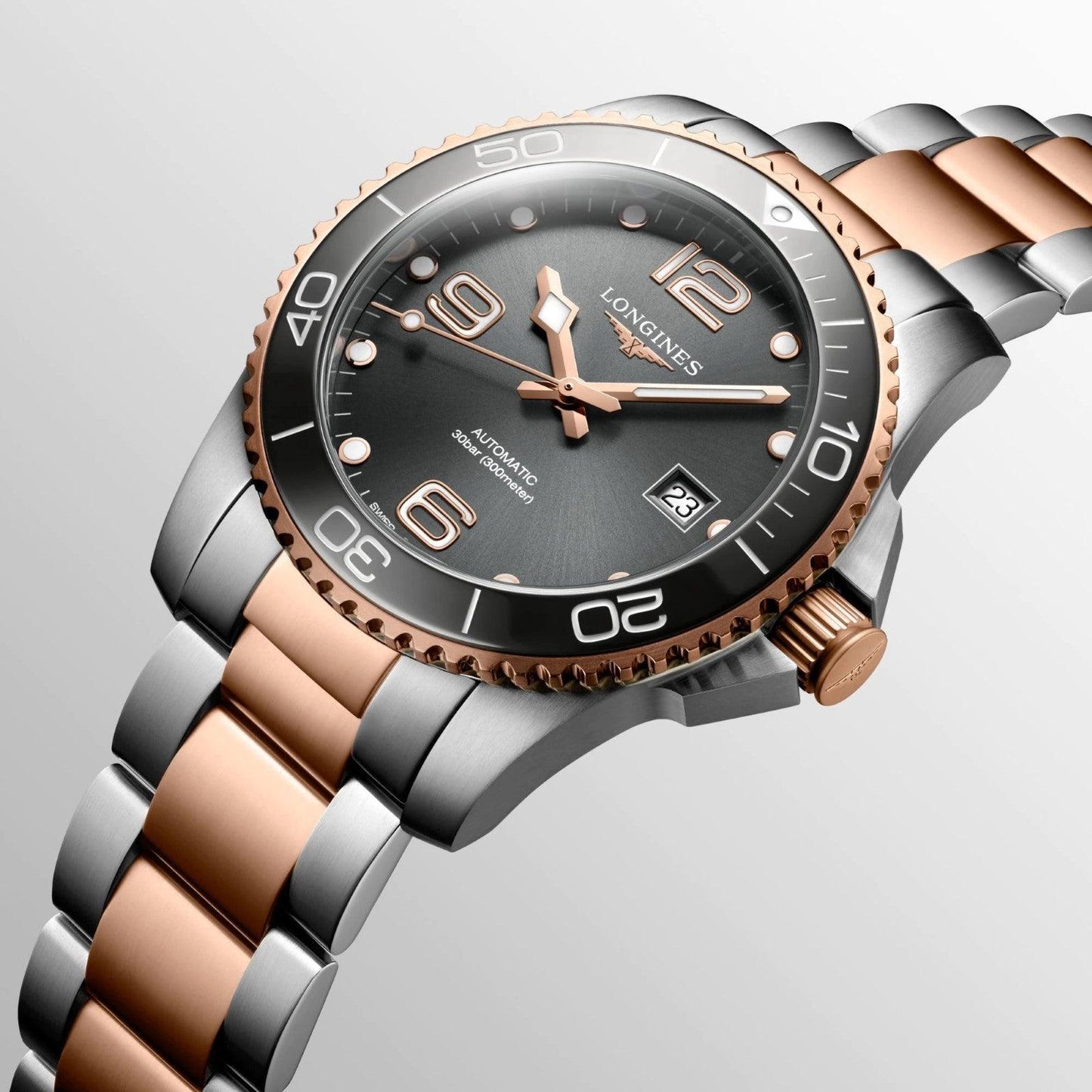 Longines HydroConquest 41mm grey automatic steel rose gold PVD finish watch L3.781.3.78.7