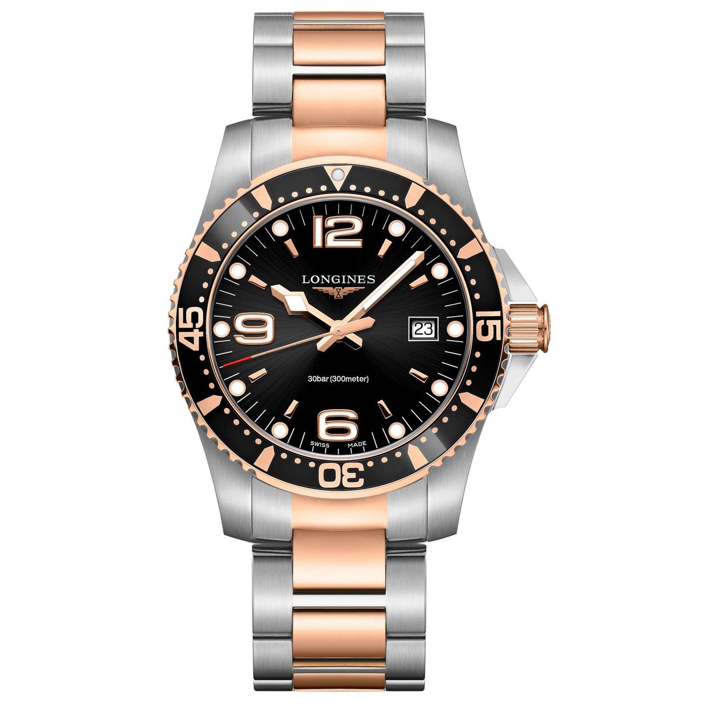 Longines HydroConquest 41mm black quartz rose gold PVD steel watch L3.740.3.58.7