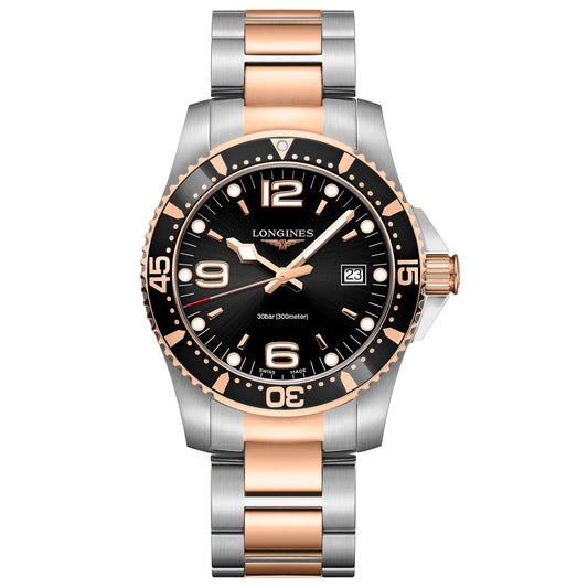 Longines HydroConquest 41mm black quartz rose gold PVD steel watch L3.740.3.58.7